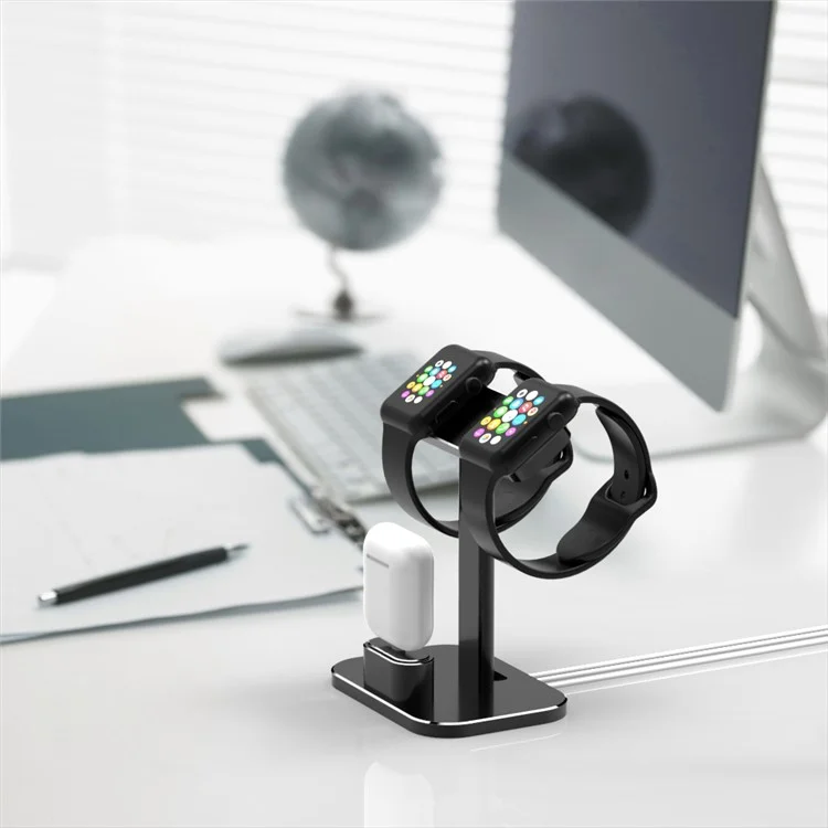 HJZJ003 Aluminum 2 In 1 Airpods Apple Watch Stand Dual Head iWatch Charging Stand Dock Station - Black