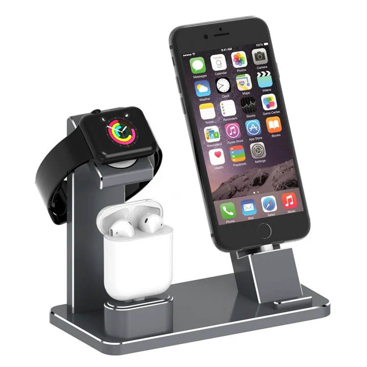 HJZJ001 Apple iWatch iPhone Stand AirPods Stand Aluminum Dock Accessories Station Holder - Grey