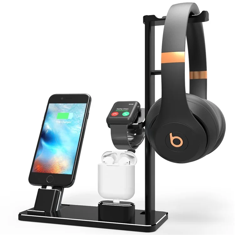 HJZJ002 Multi-functional Charging Stand Holder Headphone Holder for Apple Watch AirPods iPhone iPad etc. - Black