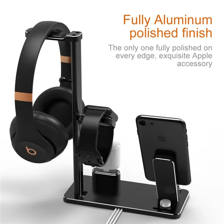 HJZJ002 Multi-functional Charging Stand Holder Headphone Holder for Apple Watch AirPods iPhone iPad etc. - Black