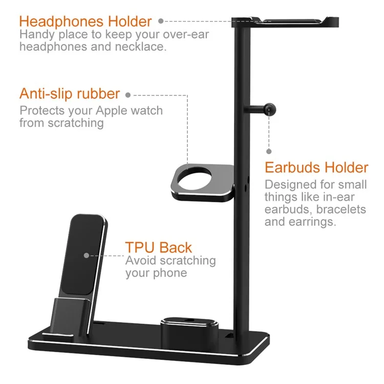 HJZJ002 Multi-functional Charging Stand Holder Headphone Holder for Apple Watch AirPods iPhone iPad etc. - Black