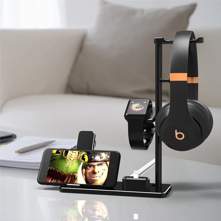 HJZJ002 Multi-functional Charging Stand Holder Headphone Holder for Apple Watch AirPods iPhone iPad etc. - Black