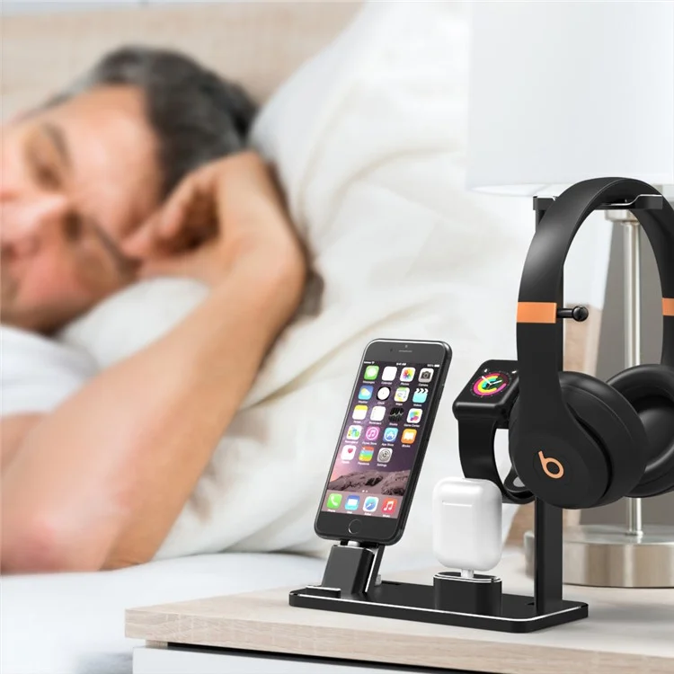 HJZJ002 Multi-functional Charging Stand Holder Headphone Holder for Apple Watch AirPods iPhone iPad etc. - Black