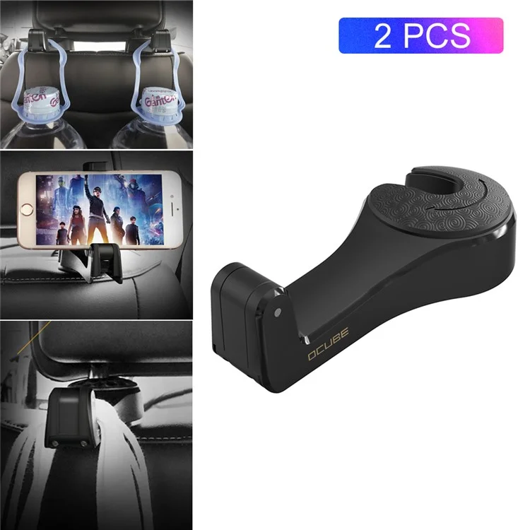 2Pcs/Set Car Headrest Hanger Hook + Back Seat Phone Holder - Black
