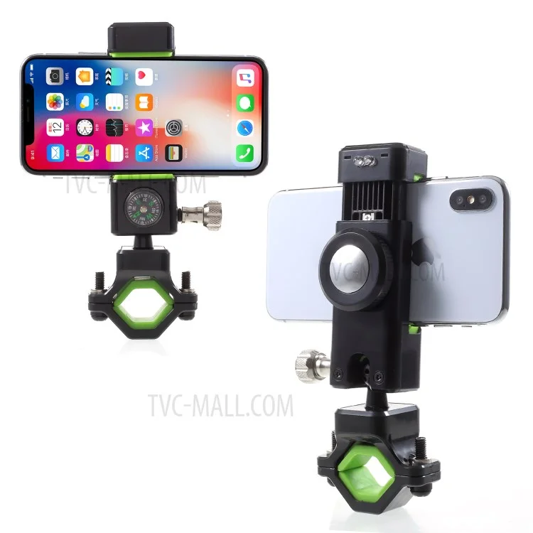 Universal Bike Phone Holder LED Light Handlebar Mount Stand with Compass, Clamp Width: 50-90mm - Green