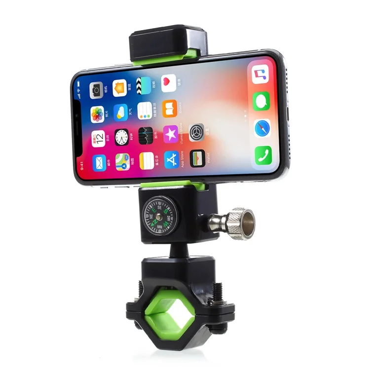 Universal Bike Phone Holder LED Light Handlebar Mount Stand with Compass, Clamp Width: 50-90mm - Green