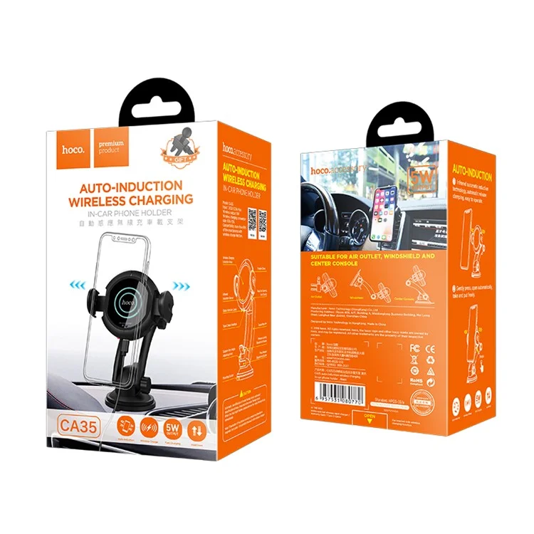 HOCO CA35 Auto-induction Wireless Charger In-car Suction Cup / Air Vent Phone Holder