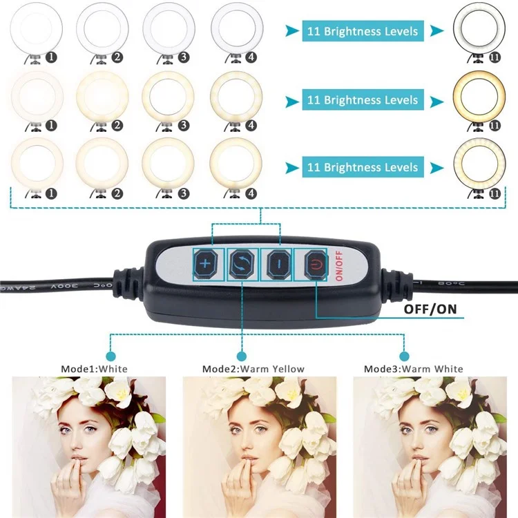 Anel de Luz de Autofoto LED de Brilho Ajustável de 5,7 polegadas com Suporte para Telefone