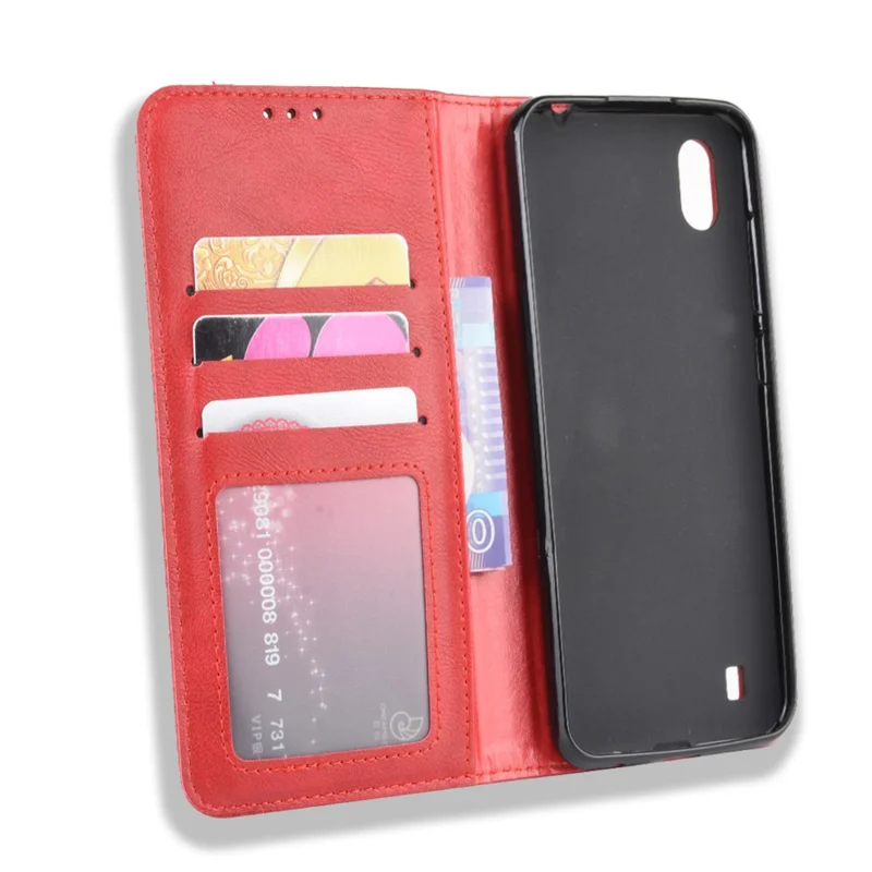 Auto-absorbed Vintage Style Leather Wallet Stand Protective Case for ZTE Blade A7 2019 - Red