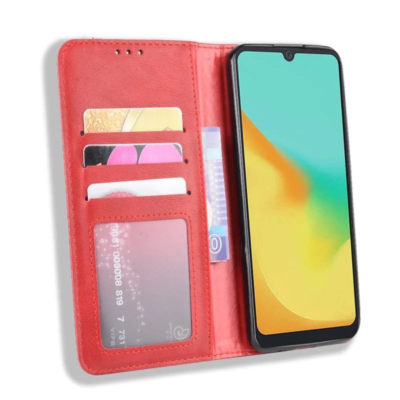 Auto-absorbed Vintage Style Leather Wallet Stand Protective Case for ZTE Blade A7 2019 - Red