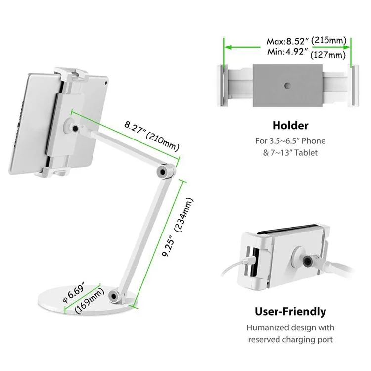 AP-7L Braccio lungo in alluminio per telefono cellulare Rotazione 4,7-12,9 pollici Ipad Ipad PC Supporto per laptop PC - Argento