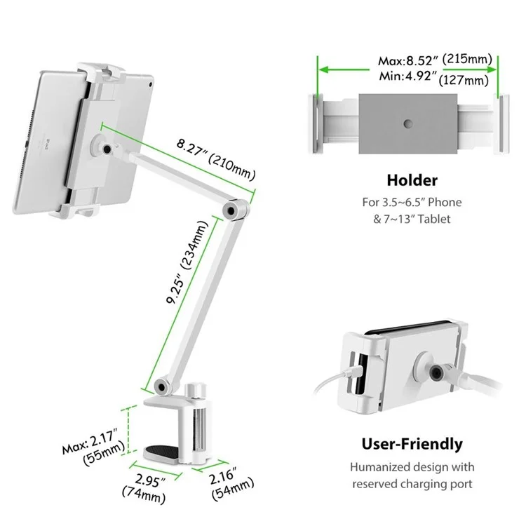 Soporte de Aleación de Aluminio de Brazo Largo Altura/ángulo Soporte Ajustable Para Teléfonos y Tabletas Móviles de 4.7-12.9 Pulgadas - Negro