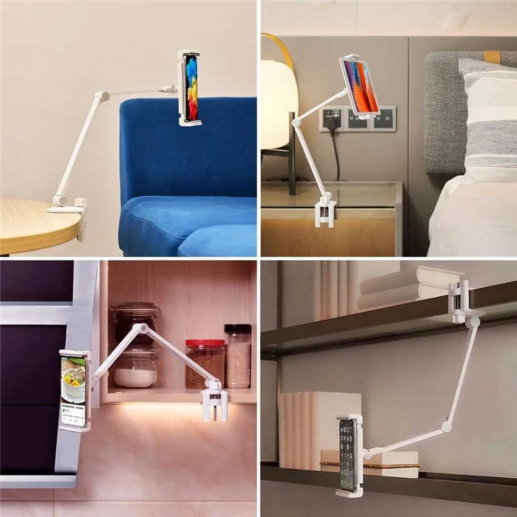 Soporte de Altura/Ángulo Ajustable de Aleación de Aluminio de Brazo Largo Giratorio para Teléfonos Móviles y Tabletas de 4.7-12.9 pulgadas - Blanco