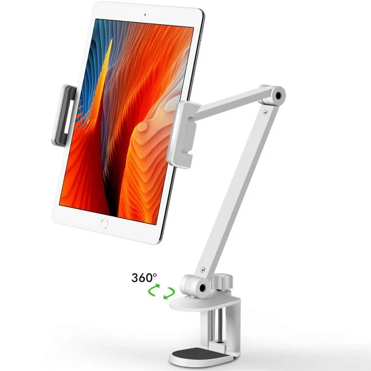 Soporte de Altura/Ángulo Ajustable de Aleación de Aluminio de Brazo Largo Giratorio para Teléfonos Móviles y Tabletas de 4.7-12.9 pulgadas - Blanco