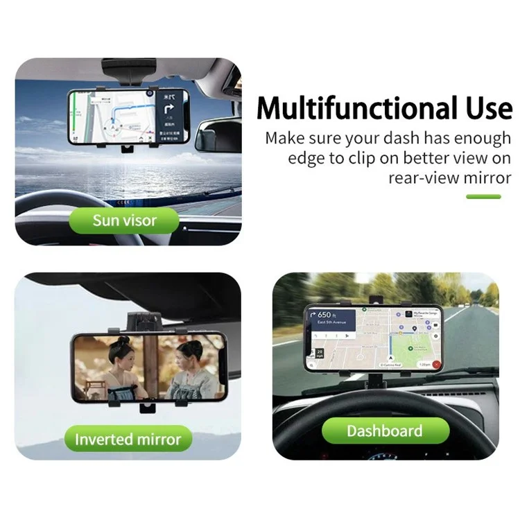 Universal Car Dashboard Mount HUD Clip Phone Holder 360 Degrees Rotation Sun Visor Rearview Mirror Mobile Phone Stand Bracket