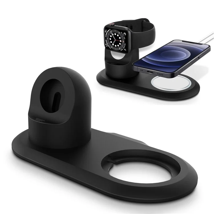 Suporte de Carregamento de Silicone Estação de Carregamento Sem Fio Dock Compatível com MagSafe Apple Watch/iPhone 12 Series - Preto