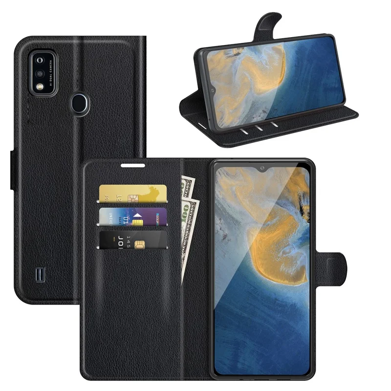 Litchi Texture Wallet Stand Design Magnetic Clasp PU Leather Case Cover for ZTE Blade A51 - Black