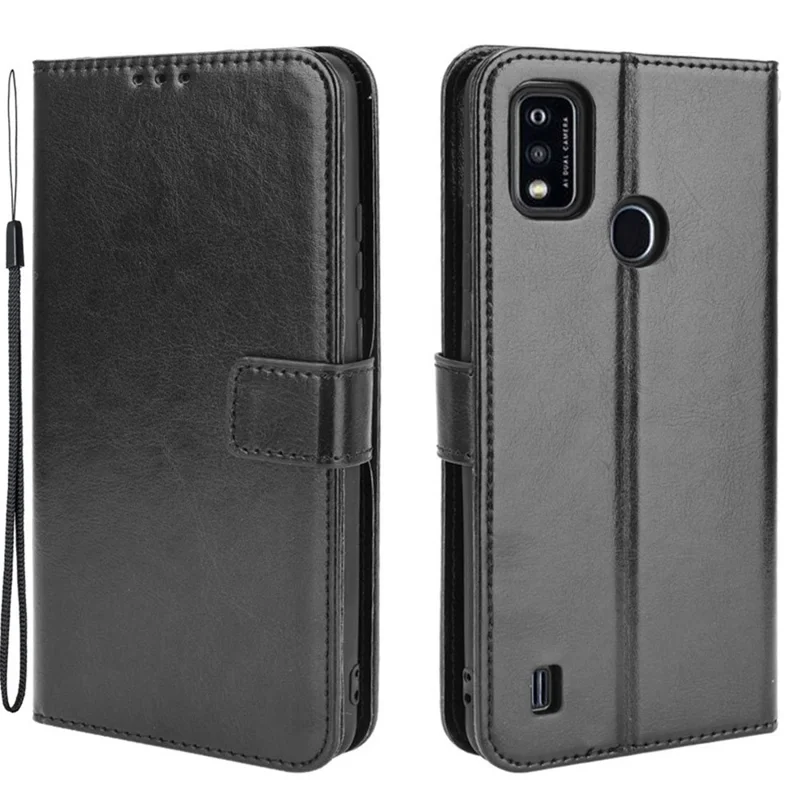 Crazy Horse PU Leather Wallet Card Slots Protective Cellphone Shell with Stand for ZTE Blade A51 - Black