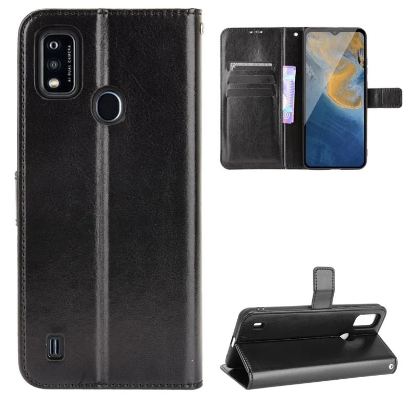 Crazy Horse PU Leather Wallet Card Slots Protective Cellphone Shell with Stand for ZTE Blade A51 - Black