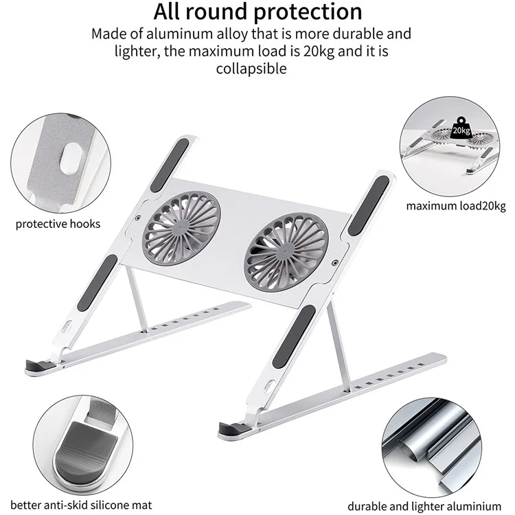 Adjustable Folding Aluminum Laptop Stand Multi-Angle Portable Desktop Computer Holder with Fans for MacBook Air Pro/Lenovo/Dell (10-15.6" Laptops) - Silver