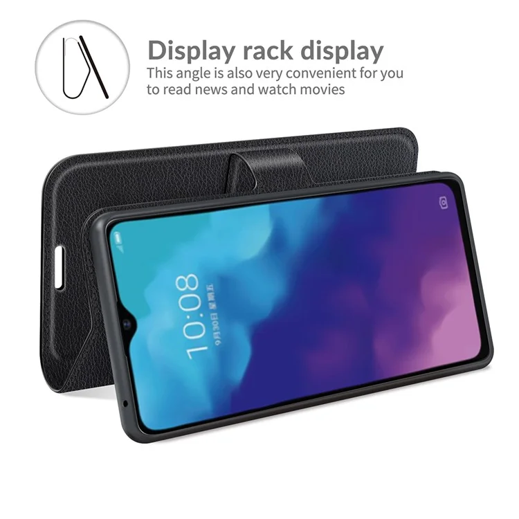 Litchi Texture PU Leather Wallet Case Magnetic Closure Protective Stand Flip Phone Cover for ZTE Blade V30 Vita / Blade V2020 5G - Nero