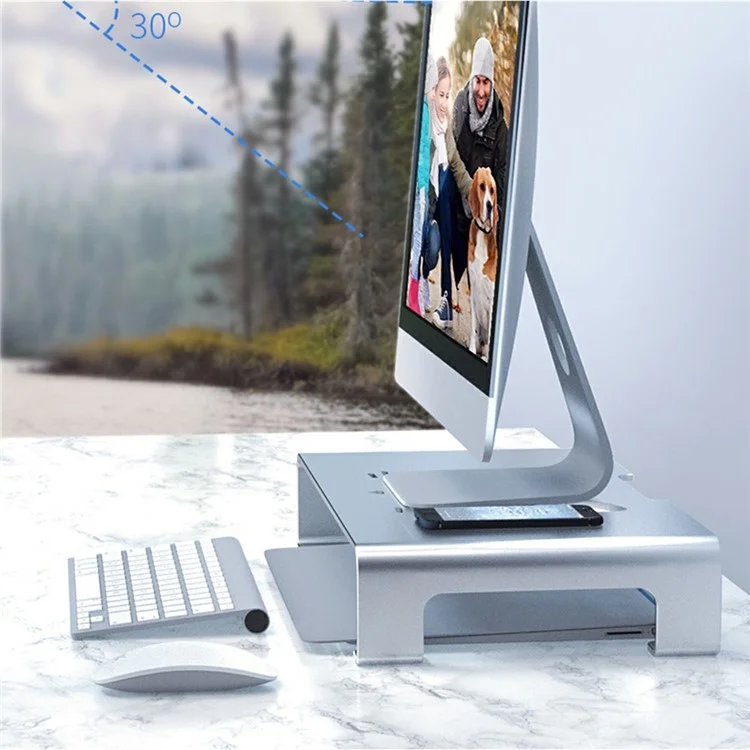 Simple Style Aluminium Alloy Anti-skid Monitor Riser Desktop Computer Stand Holder for MacBook/Printer - Silver