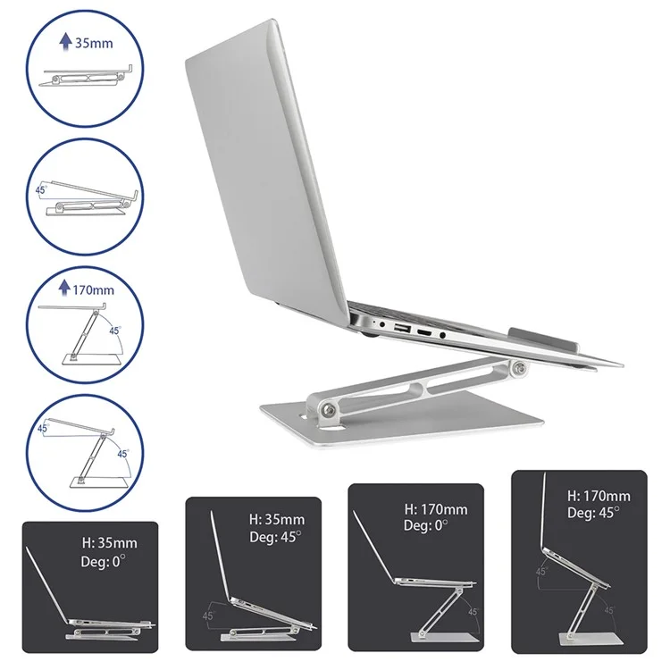 Anti-slip Desktop Laptops Stand Aluminum Alloy Folding Adjustable Portable Notebook Holder for Macbook Pro/11"- 17" Computers - Silver