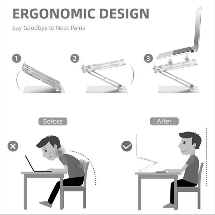 Anti-slip Desktop Laptops Stand Aluminum Alloy Folding Adjustable Portable Notebook Holder for Macbook Pro/11"- 17" Computers - Silver