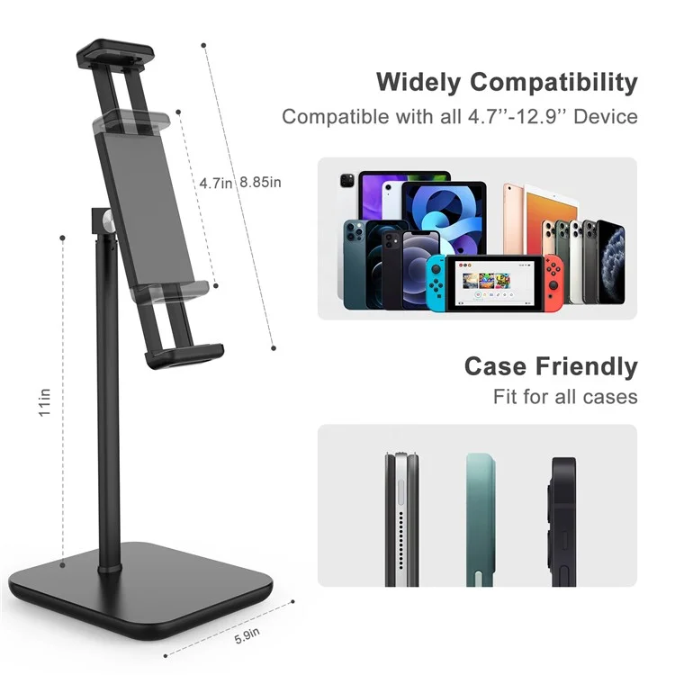 Portable Desktop Universal Tablet Holder Adjustable Height Aluminum Tablet Phone Bracket Stand - Black