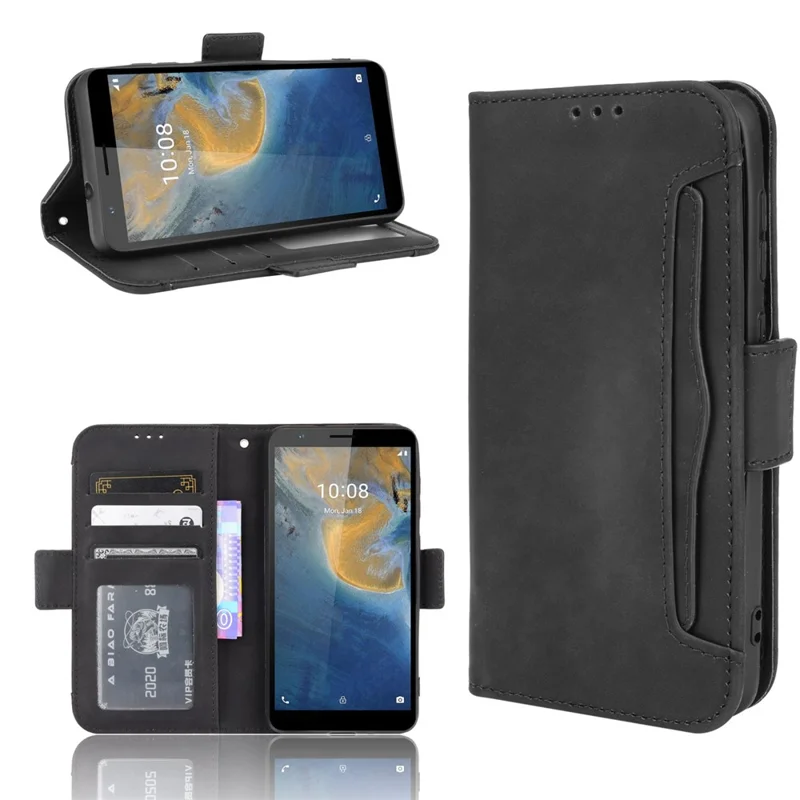 Multiple Card Slot Design PU Leather Flip Phone Case Wallet Stand Cover Shell for ZTE Blade A31 - Black
