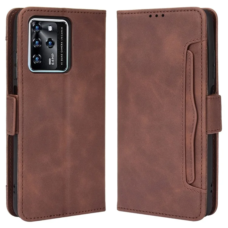 For ZTE Blade V30 Shockproof Magnetic Closure Flip Phone Case Multiple Card Slot Design PU Leather Wallet Phone Cover - Brown