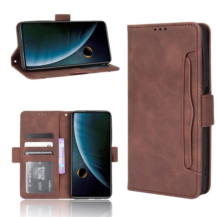 For ZTE Blade V30 Shockproof Magnetic Closure Flip Phone Case Multiple Card Slot Design PU Leather Wallet Phone Cover - Brown