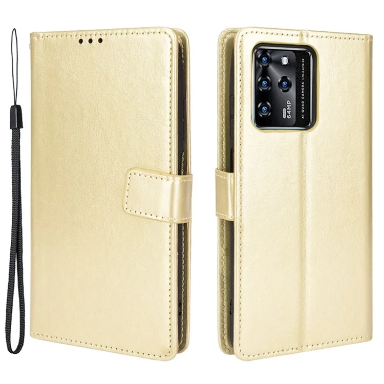 Stand Crazy Horse Texture PU Leather Flip Folio Wallet Magnetic Anti-Scratch Case with Wrist Strap for ZTE Blade V30 - Gold