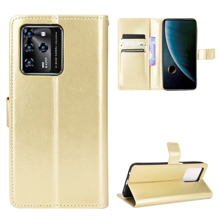 Stand Crazy Horse Texture PU Leather Flip Folio Wallet Magnetic Anti-Scratch Case with Wrist Strap for ZTE Blade V30 - Gold