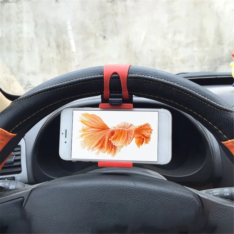 Car Phone Holder Steering Wheel Hanging Mount Mobile Phone GPS Clip Bracket - Blue