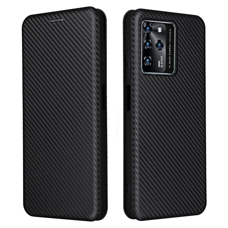For ZTE Blade V30 Carbon Fiber Texture Anti-fingerprint Auto-absorbed Magnetic Closure Leather Stand Phone Case Shell - Black