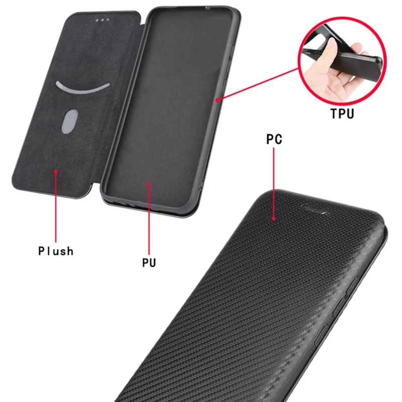 For ZTE Blade V30 Carbon Fiber Texture Anti-fingerprint Auto-absorbed Magnetic Closure Leather Stand Phone Case Shell - Black