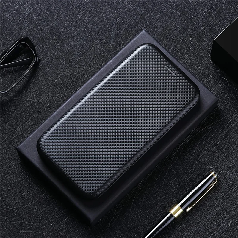 For ZTE Blade V30 Carbon Fiber Texture Anti-fingerprint Auto-absorbed Magnetic Closure Leather Stand Phone Case Shell - Black