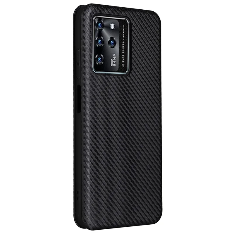 For ZTE Blade V30 Carbon Fiber Texture Anti-fingerprint Auto-absorbed Magnetic Closure Leather Stand Phone Case Shell - Black