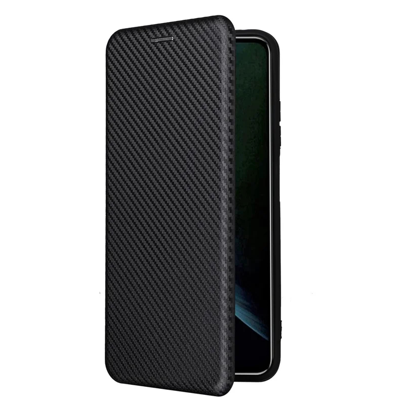 For ZTE Blade V30 Carbon Fiber Texture Anti-fingerprint Auto-absorbed Magnetic Closure Leather Stand Phone Case Shell - Black