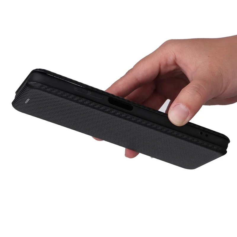 For ZTE Blade V30 Carbon Fiber Texture Anti-fingerprint Auto-absorbed Magnetic Closure Leather Stand Phone Case Shell - Black