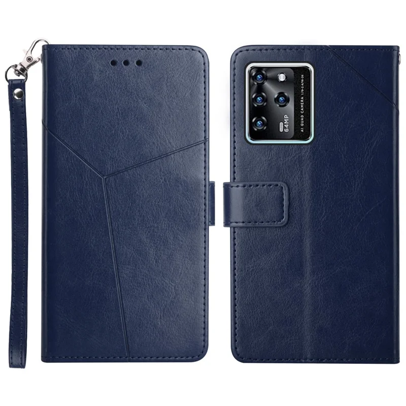 Magnetic Closure Imprinted Y-shaped Lines PU Leather Stand Flip Wallet Phone Cover with Strap for ZTE Blade V30 - Blue