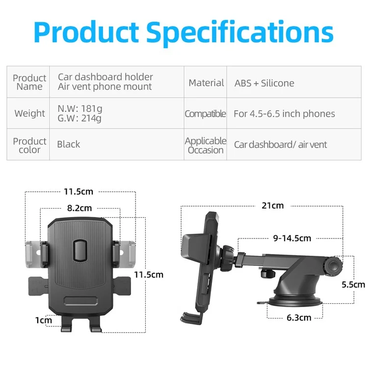 HM-Z06 Car Dashboard/Air Vent Mount Telescopic Arm Rotating Mobile Phone Holder Bracket for 4.5-6.5inch Smartphones