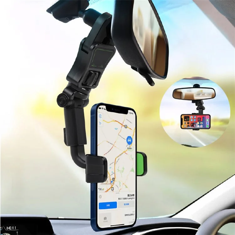 Support de téléphone de voiture à montage sur rétroviseur avec rotation Car Rotating Rearview Mirror Mount Phone Holder Clip Adjustable GPS Navigation Bracket