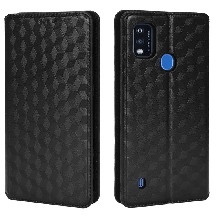 PU Leather Imprinting 3D Rhombus Phone Case Magnetic Auto-absorbed Protective Cover with Stand Wallet for ZTE Blade A51/Telstra Essential Pro 3 - Black