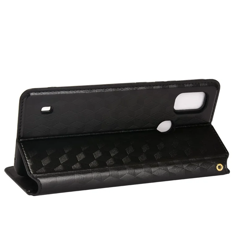 PU Leather Imprinting 3D Rhombus Phone Case Magnetic Auto-absorbed Protective Cover with Stand Wallet for ZTE Blade A51/Telstra Essential Pro 3 - Black