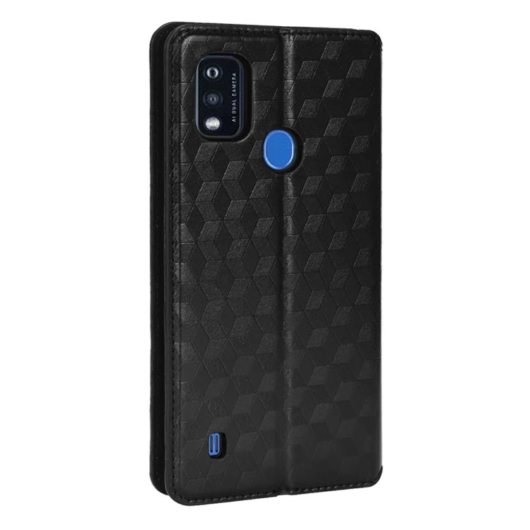 PU Leather Imprinting 3D Rhombus Phone Case Magnetic Auto-absorbed Protective Cover with Stand Wallet for ZTE Blade A51/Telstra Essential Pro 3 - Black