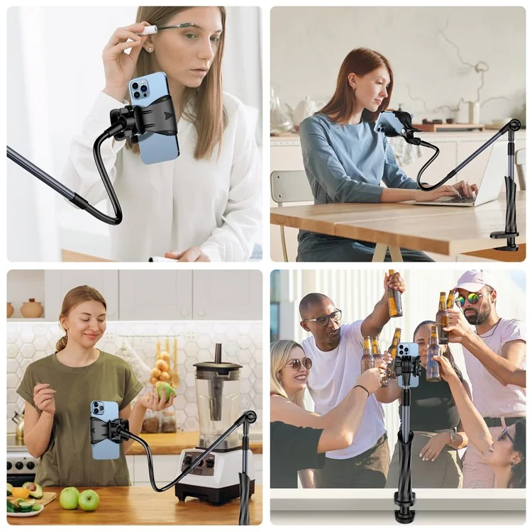 110cm Foldable Metal Arm Gooseneck Phone Holder Stand 360 Degrees Rotating Bedside Desk Clamp Phone Bracket - Black/Dark Grey