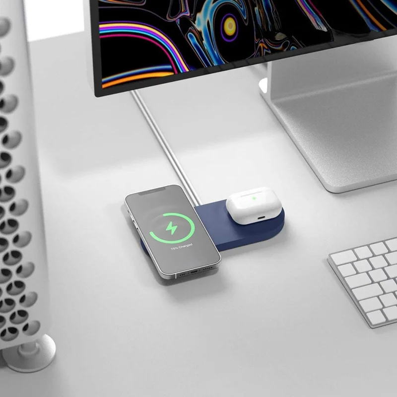 Étui chargeur pour Magsafe compatible avec iPhone 12 / 13, coque magnétique en silicone, protection avec tapis de charge sans fil - Bleu