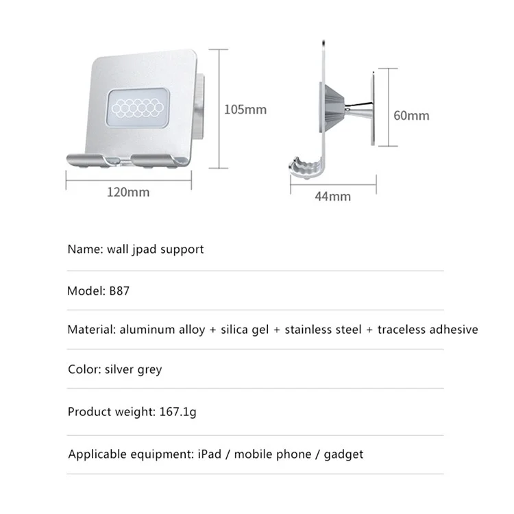 B87 Soporte de Aleación de Aluminio de Montaje de Pared Sin Perforación Con Adhesivo no Marcado Para Teléfonos/tabletas - Plata